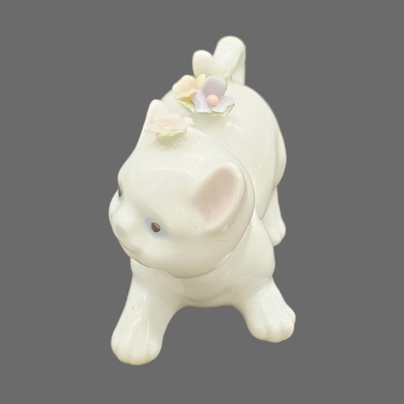 Vintage White Kitty Cat Figurine Mini Porcelain Siamese Floral Roses Pink 3" Lit - Picture 5 of 6